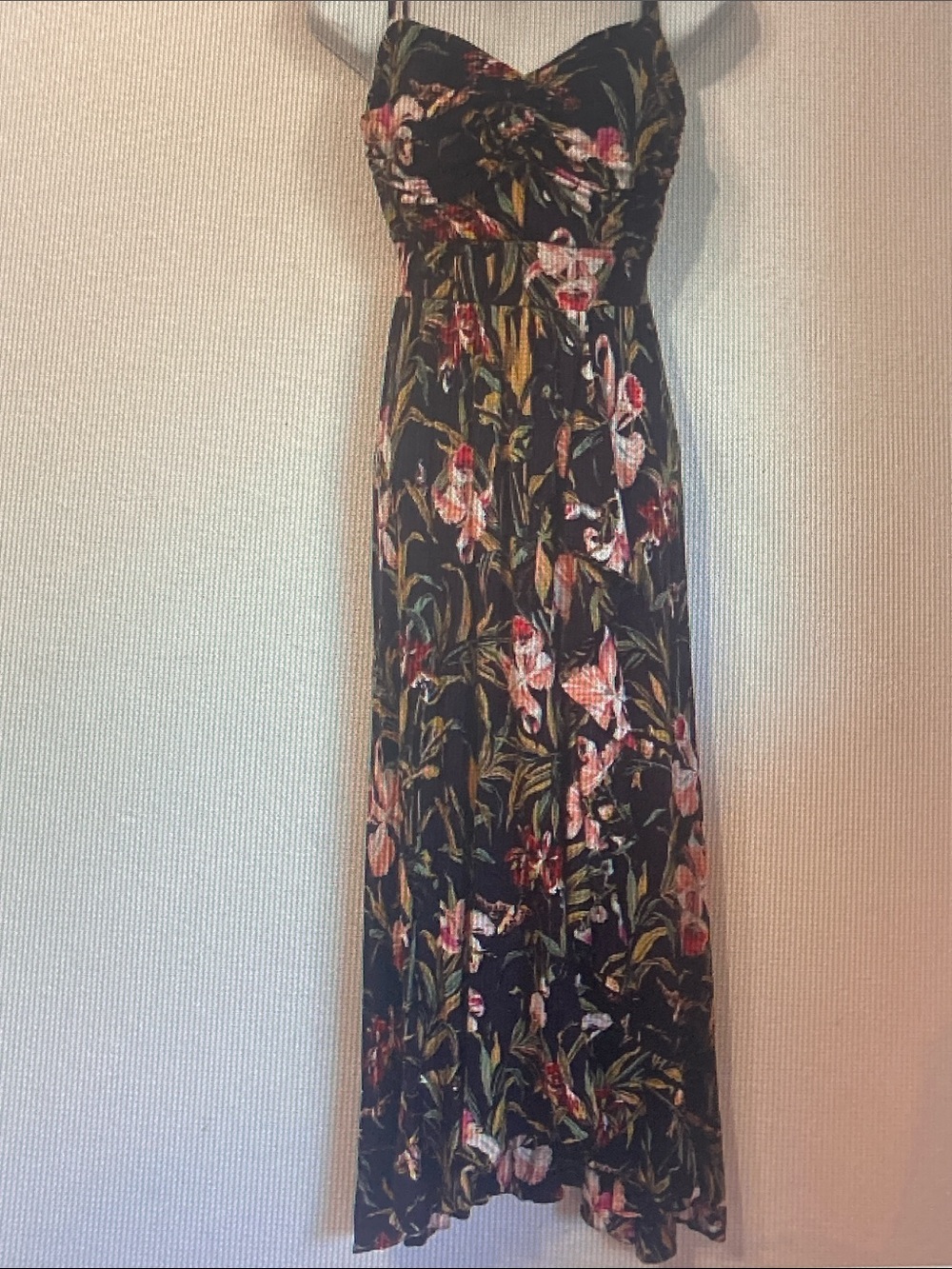Anthropologie Black Floral Maxi Dress with Pink and Green Accents